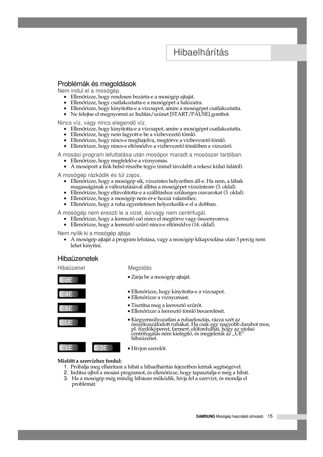 Samsung B1045GW/XEH, B1245VGW/XEH manual Hibaelhárítás, Problémák és megoldások, Hibaüzenetek, Mielôtt a szervizhez fordul 