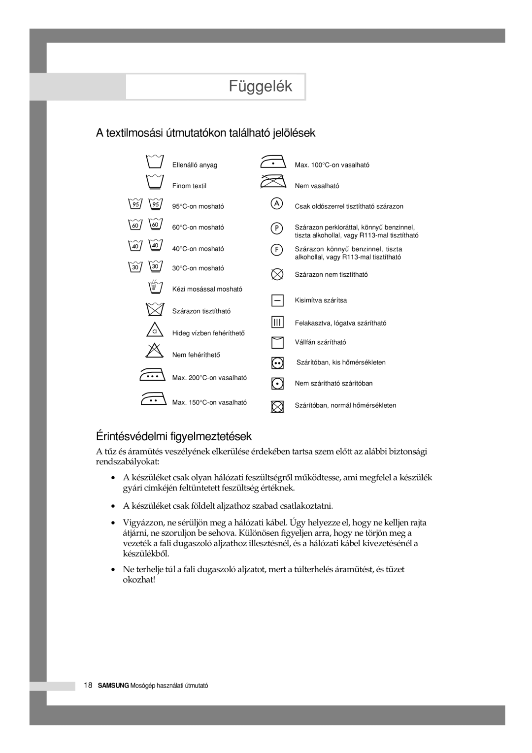 Samsung B1245VGW/XEH, B1045GW/XEH Függelék, Textilmosási útmutatókon található jelölések, Érintésvédelmi figyelmeztetések 