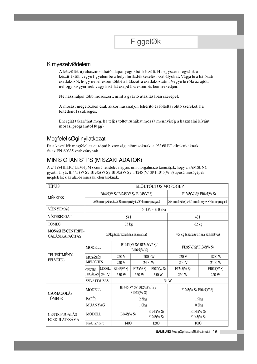 Samsung B1045GW/XEH, B1245VGW/XEH manual Környezetvédelem, Megfelelôségi nyilatkozat 