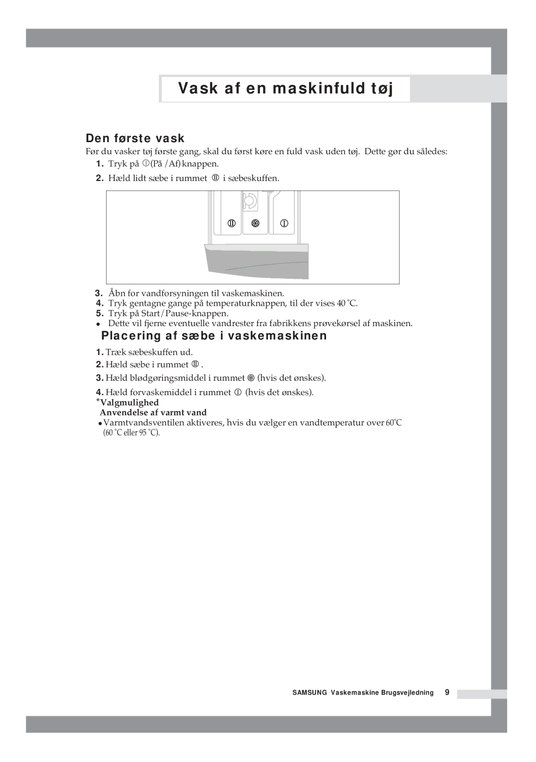 Samsung B1415JGS/XEE manual Den første vask, Placering af sæbe i vaskemaskinen, Valgmulighed Anvendelse af varmt vand 