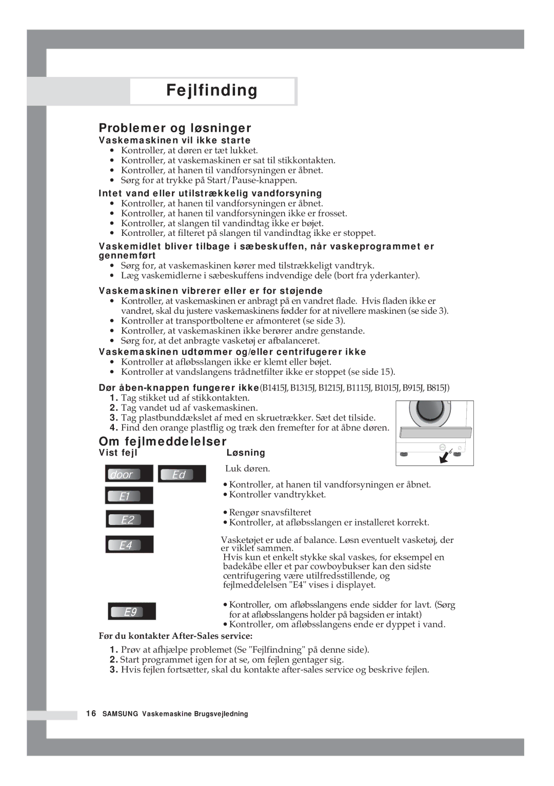 Samsung B1415JGS/XEE manual Fejlfinding, Problemer og løsninger, Om fejlmeddelelser, Før du kontakter After-Sales service 