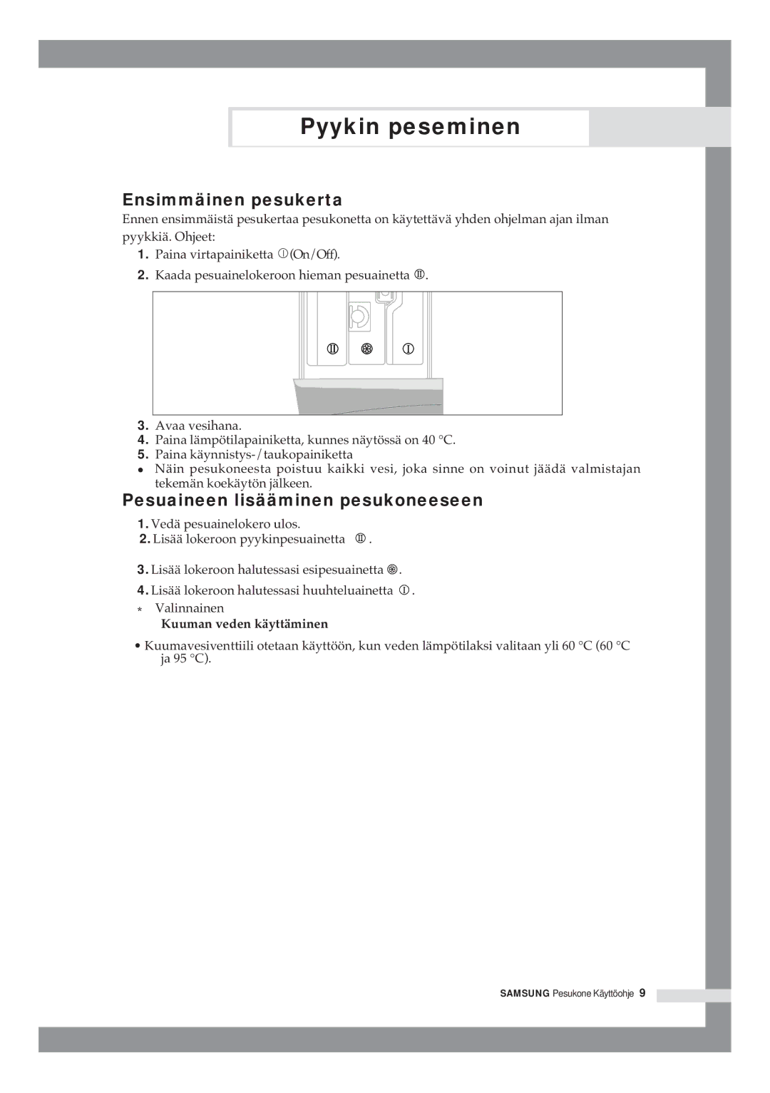 Samsung B1415JGS/XEE manual Ensimmäinen pesukerta, Pesuaineen lisääminen pesukoneeseen, Kuuman veden käyttäminen 