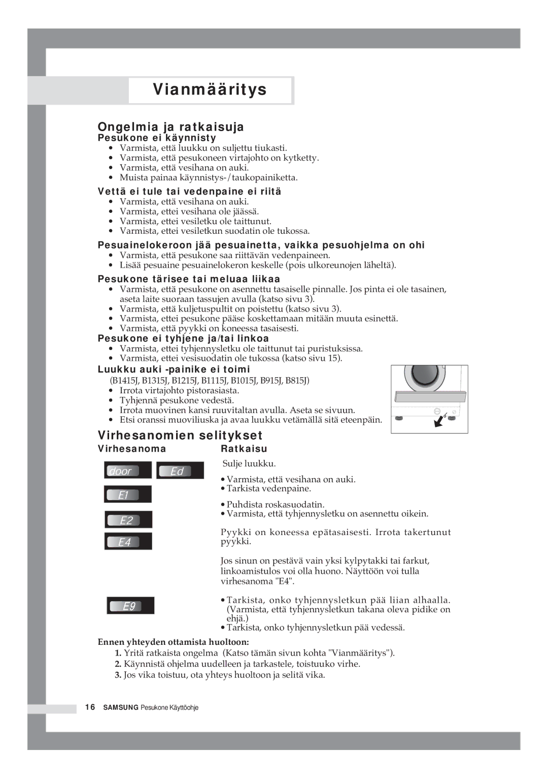 Samsung B1415JGS/XEE manual Vianmääritys, Ongelmia ja ratkaisuja, Virhesanomien selitykset 