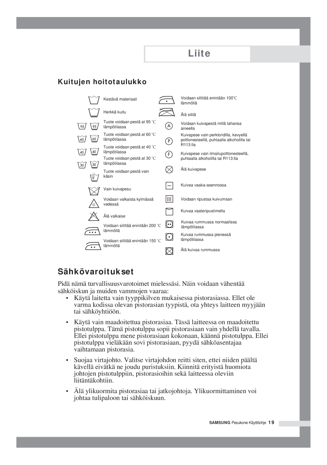 Samsung B1415JGS/XEE manual Liite, Kuitujen hoitotaulukko 