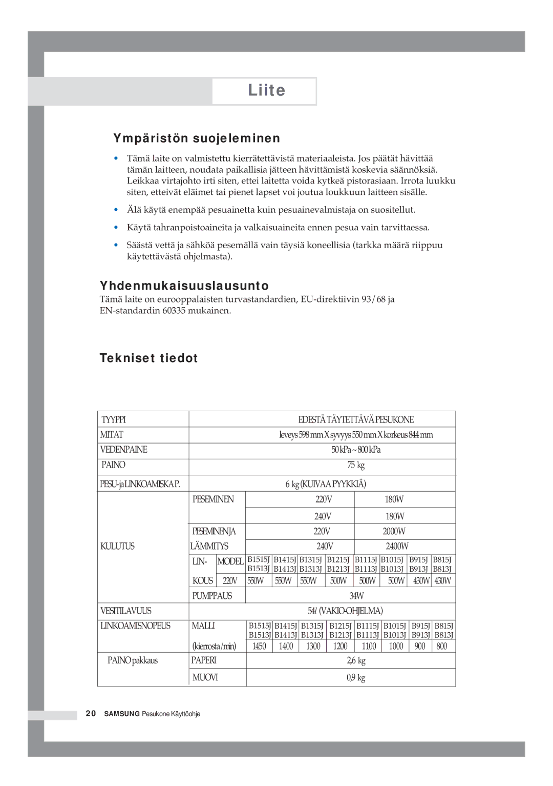 Samsung B1415JGS/XEE manual Ympäristön suojeleminen, Yhdenmukaisuuslausunto, Tekniset tiedot 