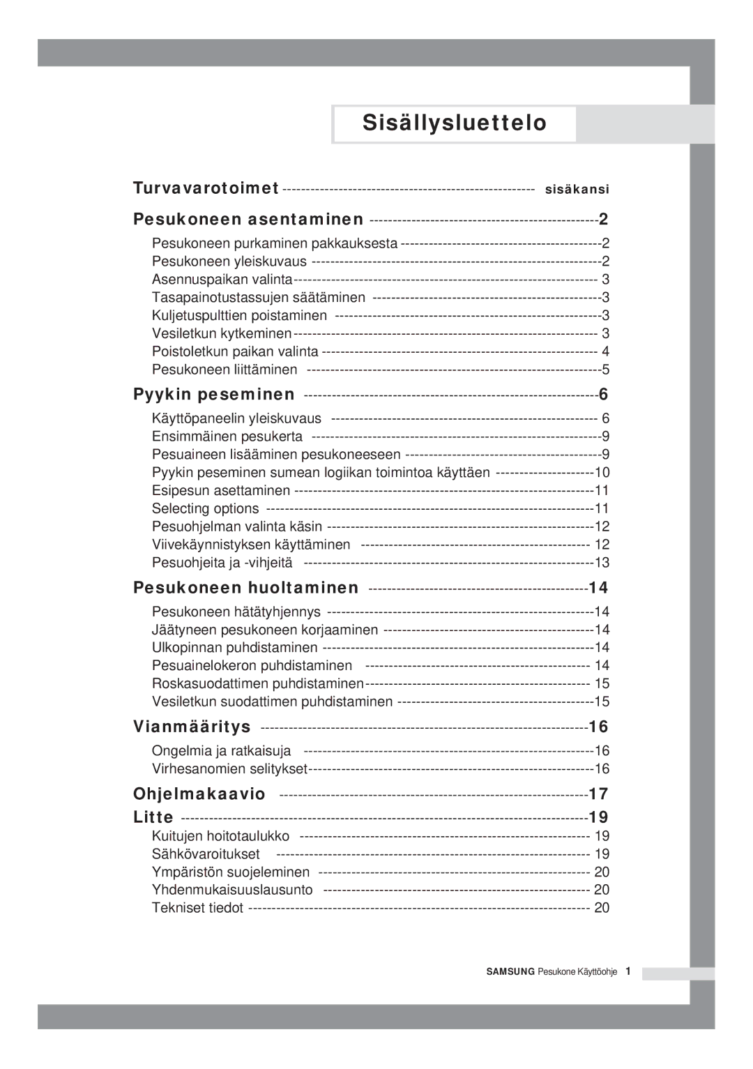 Samsung B1415JGS/XEE manual Sisällysluettelo, Sisäkansi 