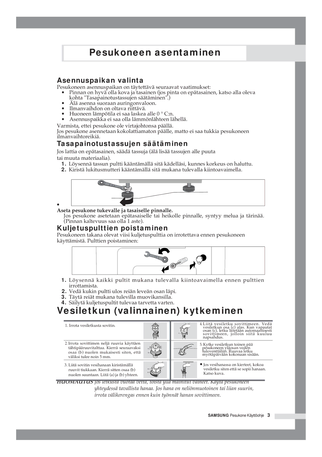 Samsung B1415JGS/XEE manual Vesiletkun valinnainen kytkeminen, Asennuspaikan valinta, Tasapainotustassujen säätäminen 