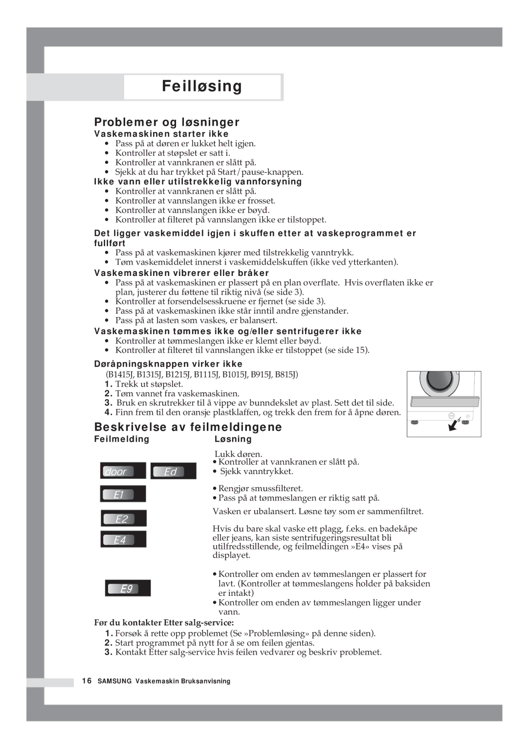 Samsung B1415JGS/XEE manual Feilløsing, Problemer og løsninger, Beskrivelse av feilmeldingene 