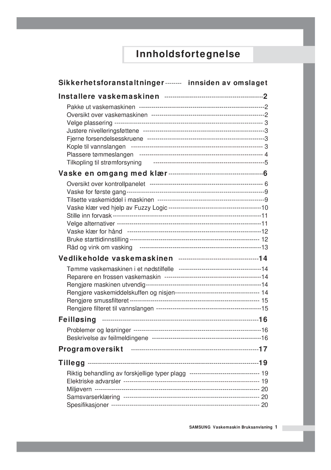 Samsung B1415JGS/XEE manual Innholdsfortegnelse, Sikkerhetsforanstaltninger, Innsiden av omslaget 