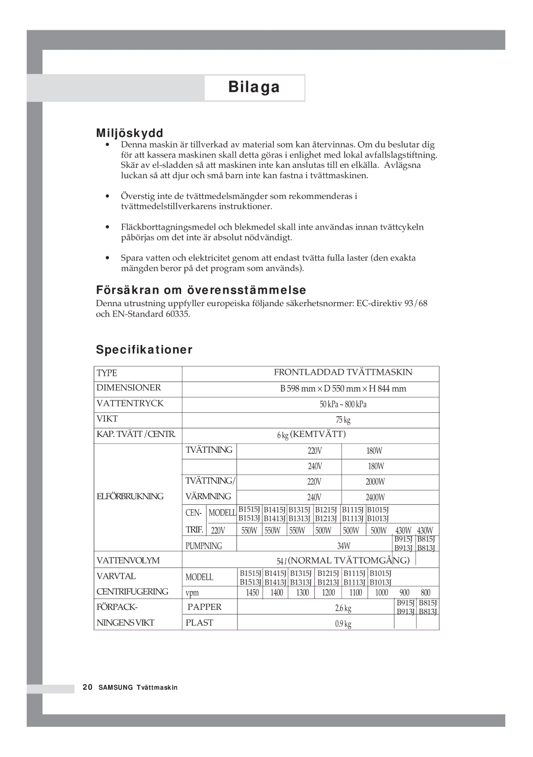 Samsung B1415JGS/XEE manual Miljöskydd, Försäkran om överensstämmelse, Specifikationer 