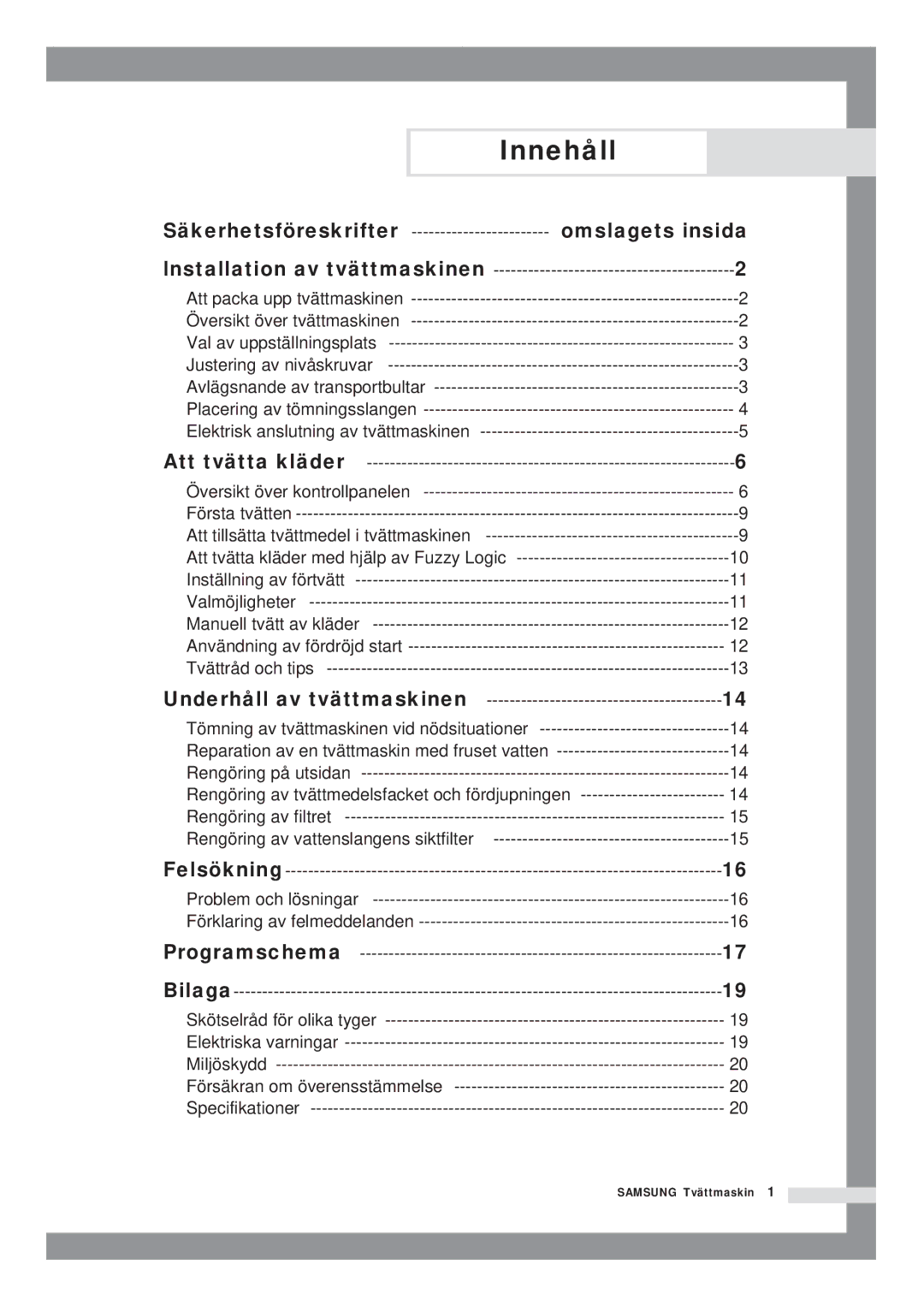 Samsung B1415JGS/XEE manual Innehåll, Omslagets insida 