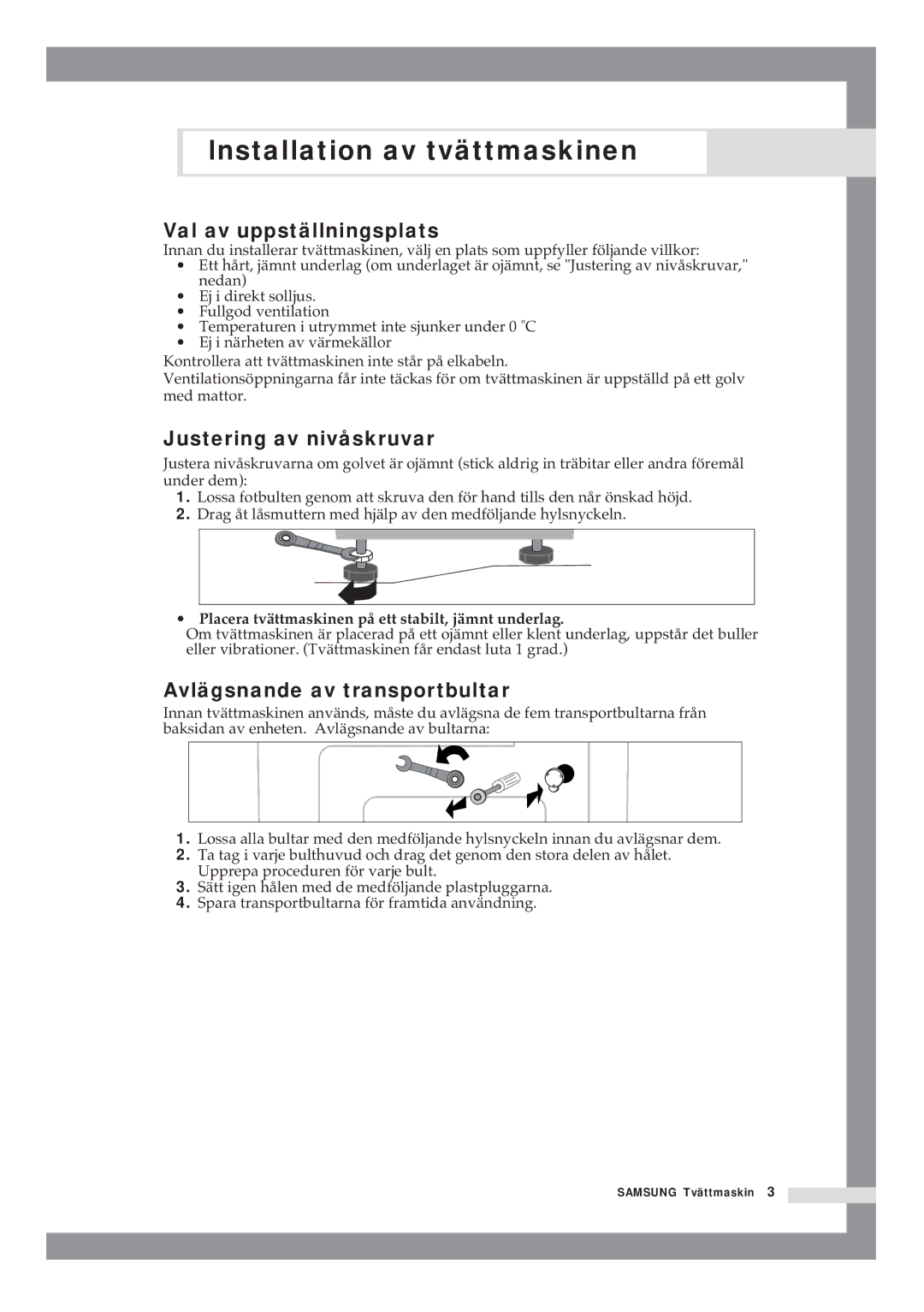 Samsung B1415JGS/XEE manual Val av uppställningsplats, Justering av nivåskruvar, Avlägsnande av transportbultar 