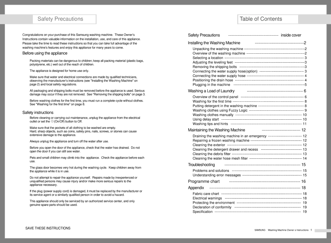 Samsung R1045A, B1445AV, F1245AV, B1245AV, B1245AS, R1245AV, B1045A, F1045A manual Safety Precautions, Table of Contents 