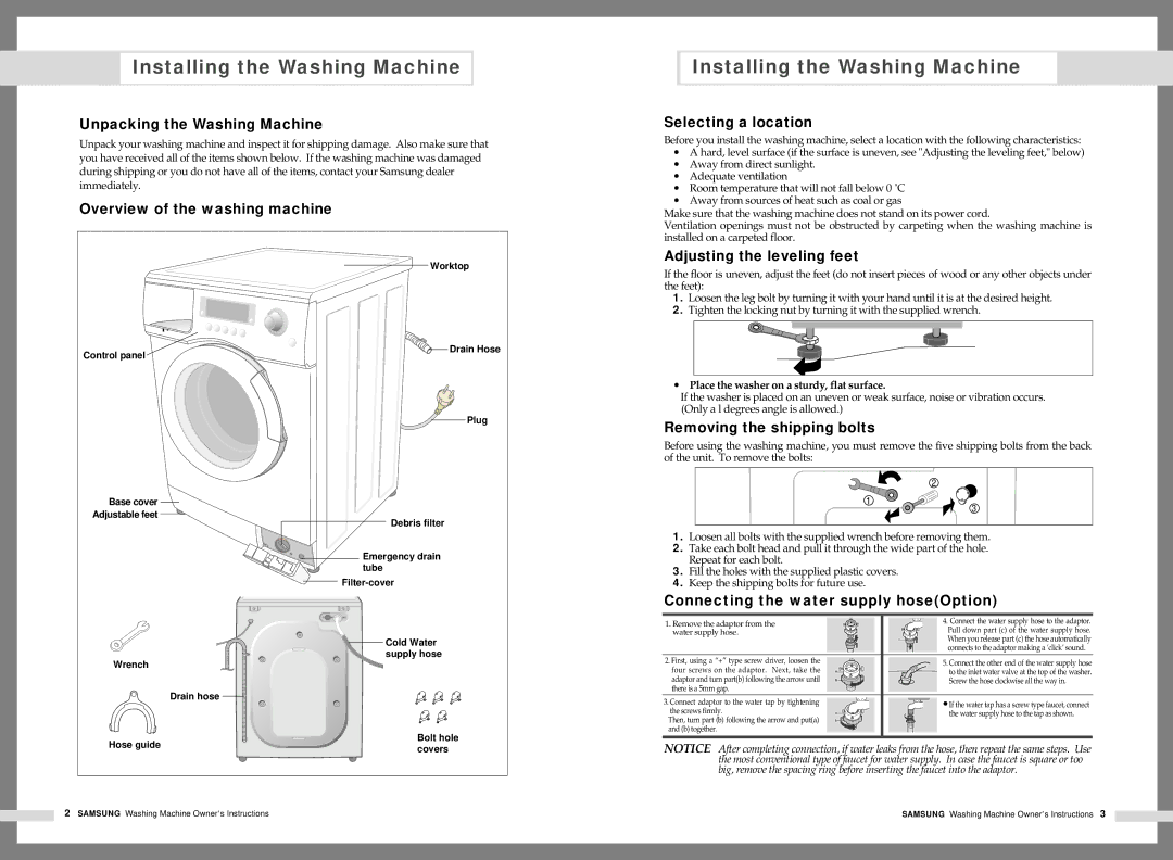 Samsung B1245AV, B1445AV, F1245AV, R1045A, B1245AS, R1245AV, B1045A, F1045A manual Installing the Washing Machine 