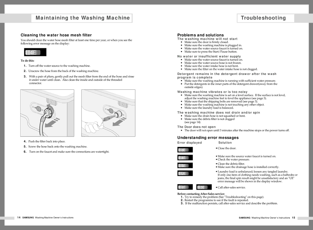 Samsung B1445AV Troubleshooting, Cleaning the water hose mesh filter, Problems and solutions, Understanding error messages 