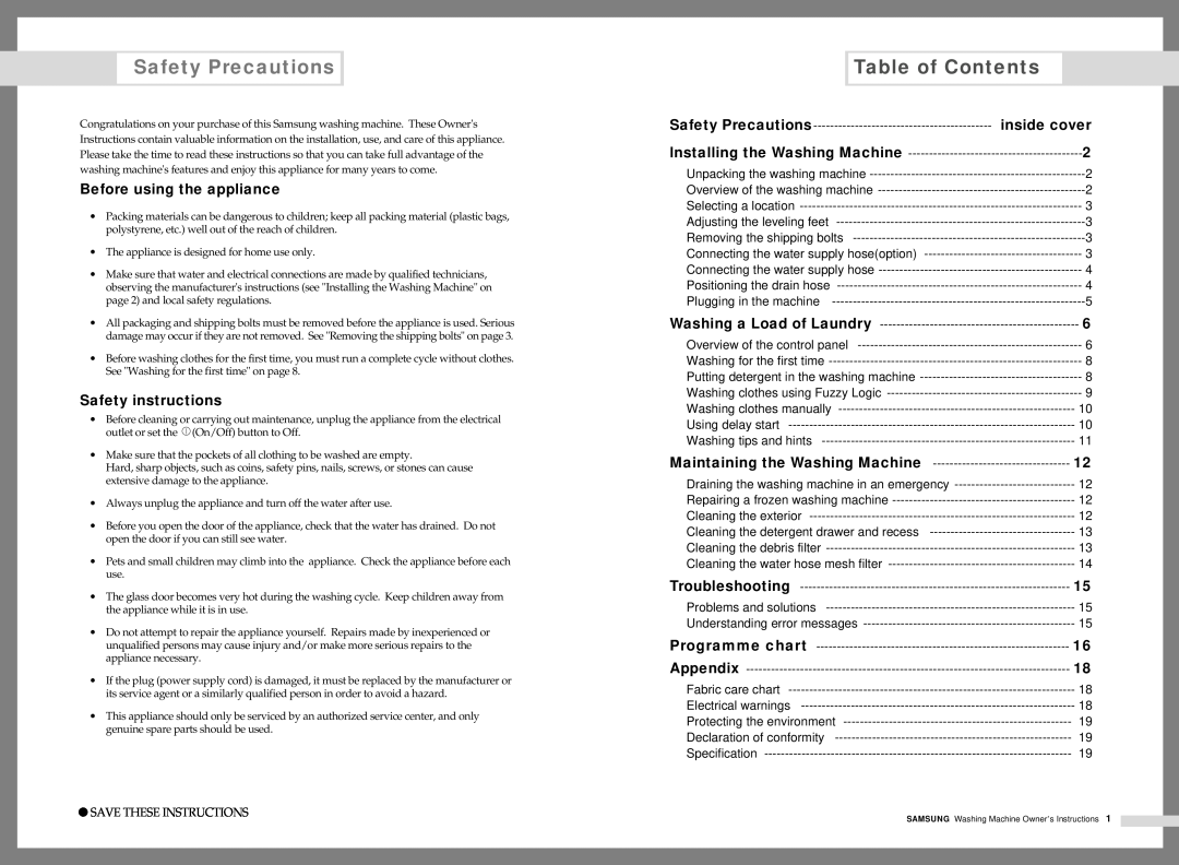 Samsung R1045A manual Table of Contents, Before using the appliance, Safety instructions, inside cover, Safety Precautions 