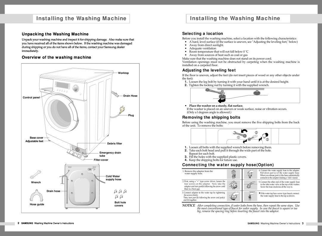 Samsung B1245AV, B1445AV Installing the Washing Machine, Unpacking the Washing Machine, Overview of the washing machine 