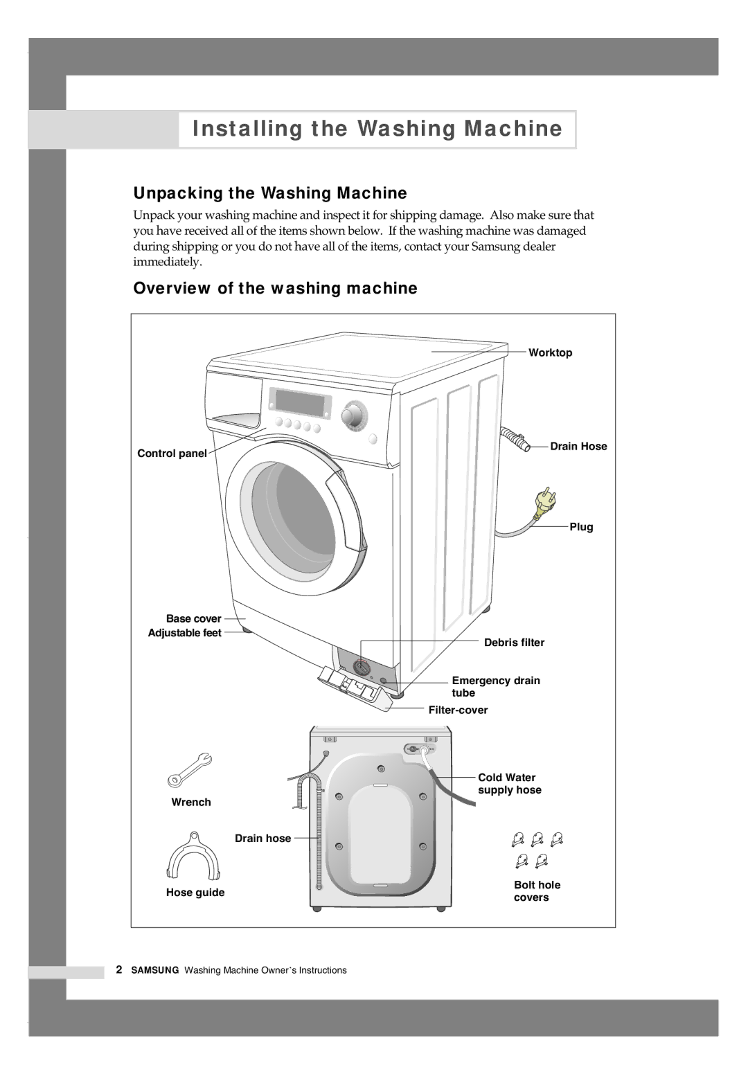 Samsung B1445AVGW/XEG manual Installing the Washing Machine, Unpacking the Washing Machine, Overview of the washing machine 