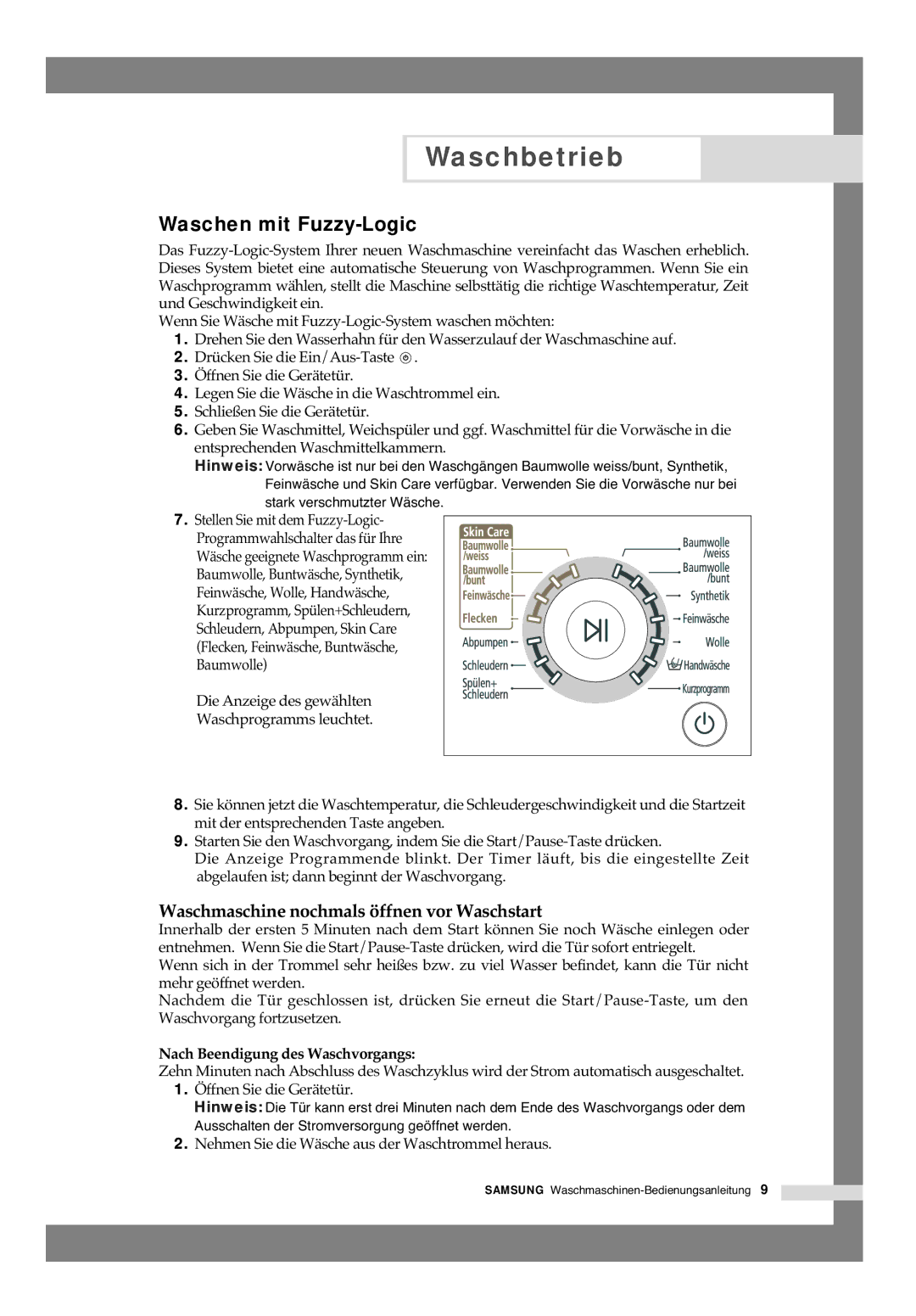 Samsung B1245AVGW/XEG, B1445AVGW/XEG, B1445AVGW1/XAG manual Waschen mit Fuzzy-Logic, Nach Beendigung des Waschvorgangs 