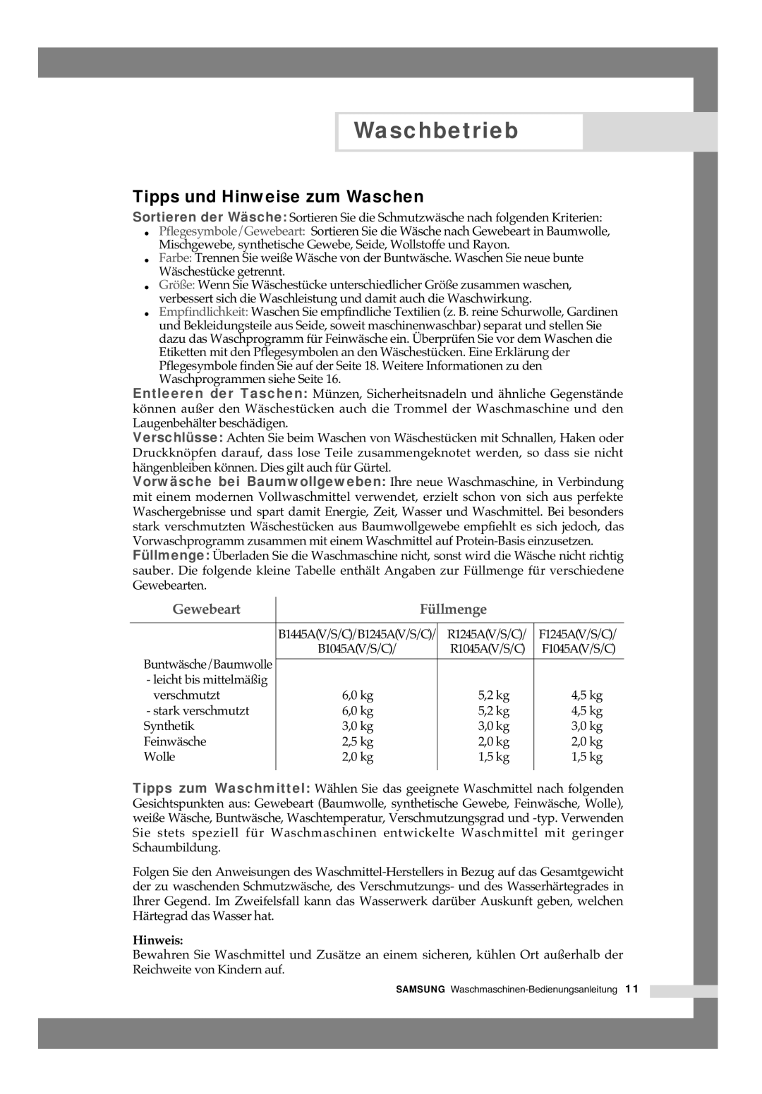 Samsung B1445AVGW/XEG, B1245AVGW/XEG, B1445AVGW1/XAG manual Tipps und Hinweise zum Waschen 