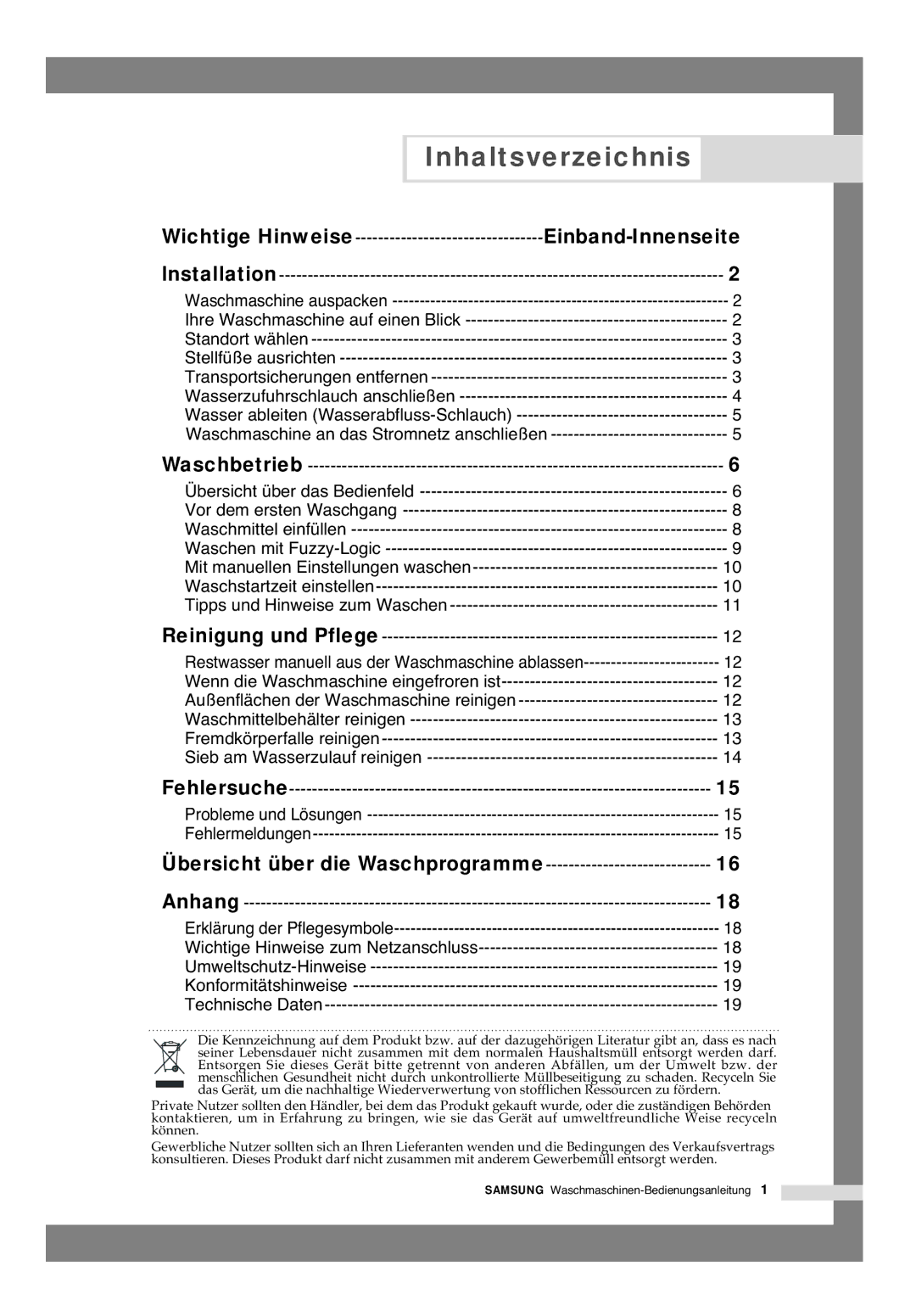 Samsung B1445AVGW1/XAG, B1445AVGW/XEG manual Inhaltsverzeichnis, Einband-Innenseite, Übersicht über die Waschprogramme 