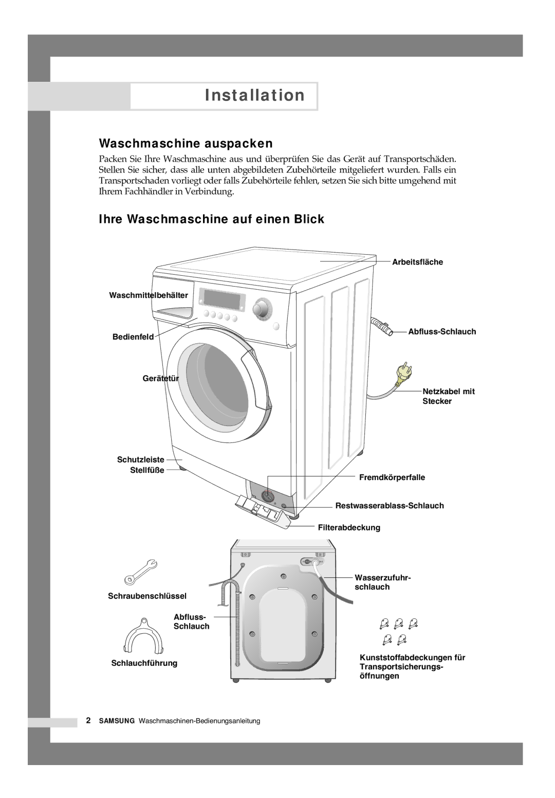 Samsung B1445AVGW/XEG, B1245AVGW/XEG manual Installation, Waschmaschine auspacken, Ihre Waschmaschine auf einen Blick 