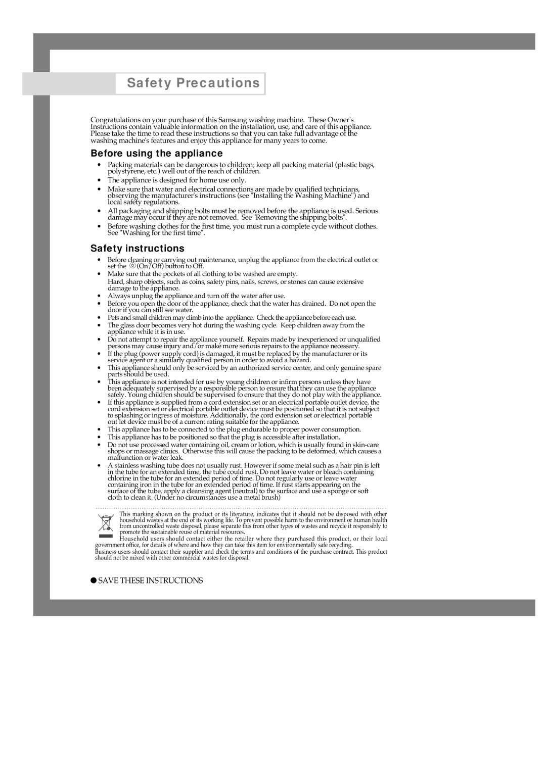 Samsung B1245AVGW1/XEF, B1445AVGW/XEG, B1445AVGW1/XAG, B1445AVGW1/XEF manual Before using the appliance, Safety instructions 