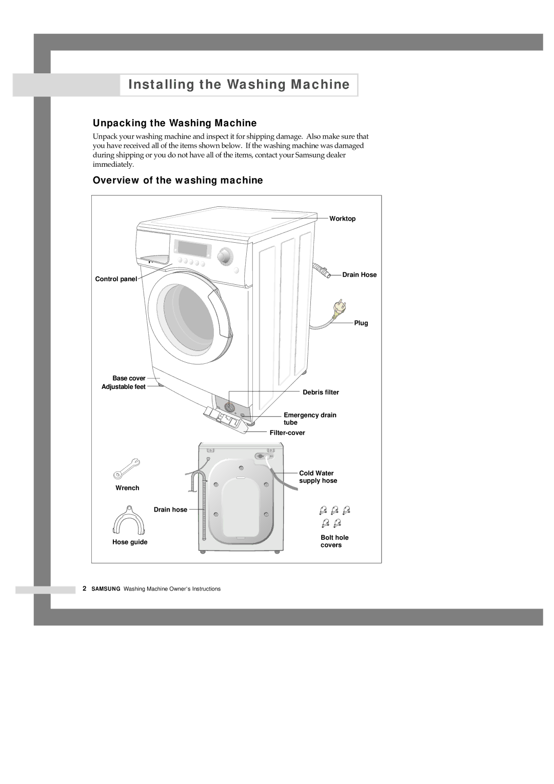 Samsung F1245AVGW1/YLE Installing the Washing Machine, Unpacking the Washing Machine, Overview of the washing machine 