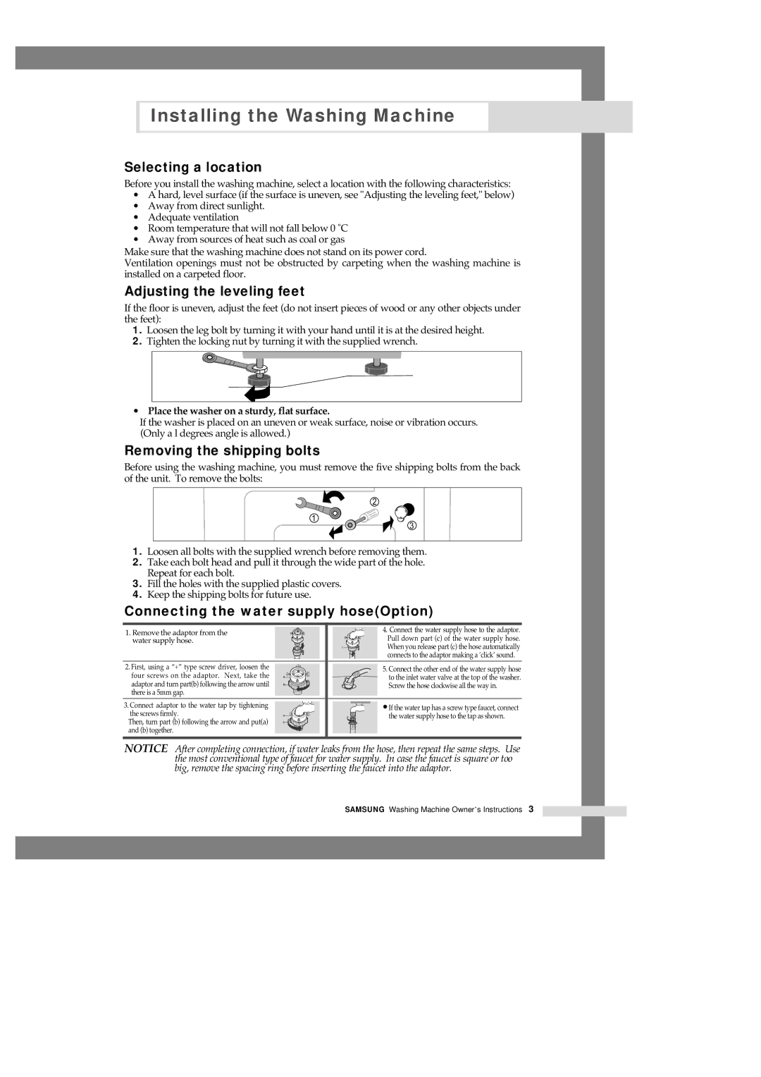 Samsung F1045AVGW1/XEH, B1445AVGW/XEG manual Selecting a location, Adjusting the leveling feet, Removing the shipping bolts 