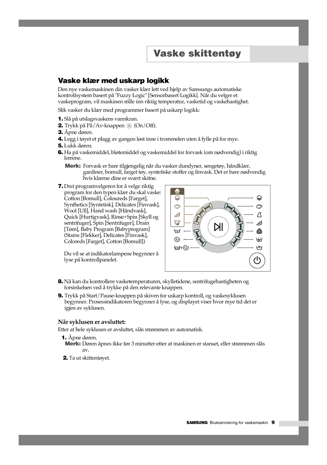 Samsung B1245GW/XEE, B1445GW/XEE manual Vaske klær med uskarp logikk, Når syklusen er avsluttet 