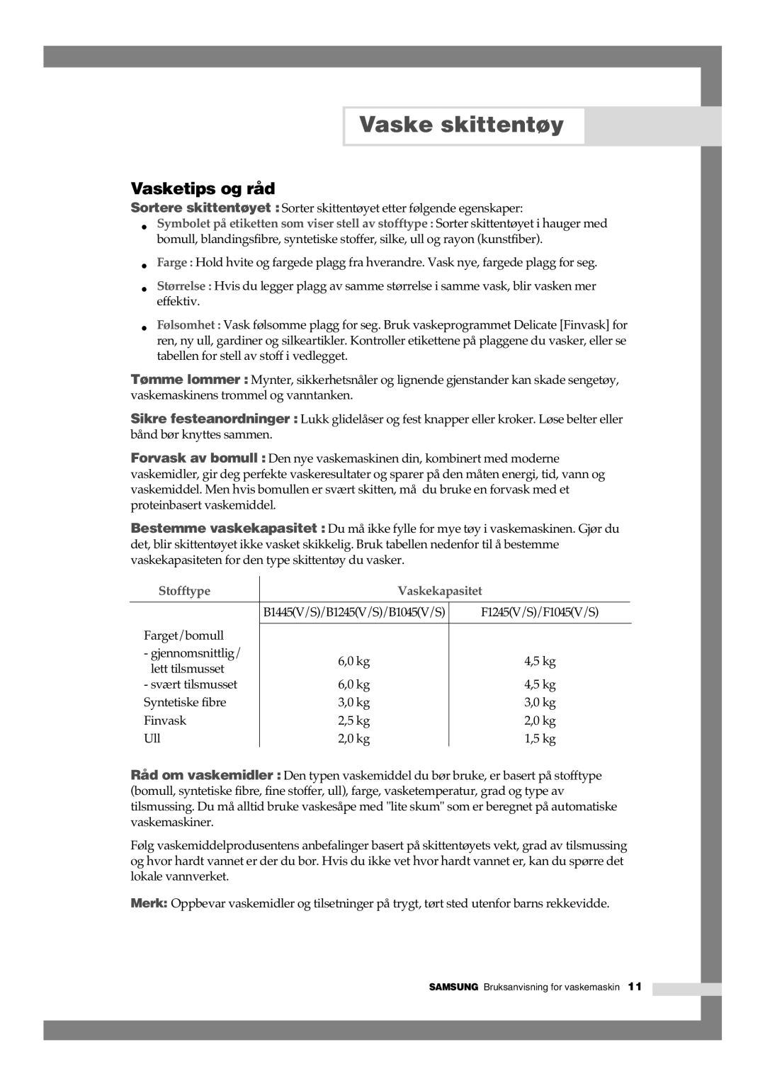 Samsung B1245GW/XEE, B1445GW/XEE manual Vasketips og råd, Stofftype Vaskekapasitet 