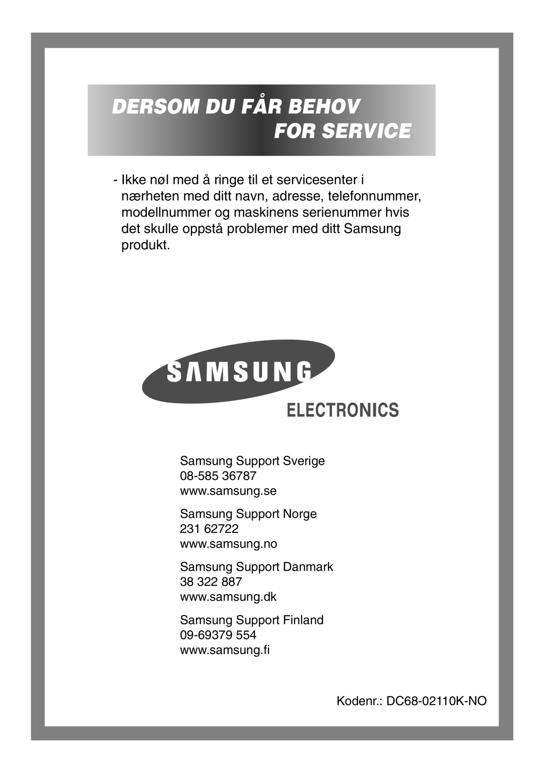 Samsung B1445GW/XEE, B1245GW/XEE manual Dersom DU FÅR Behov for Service 