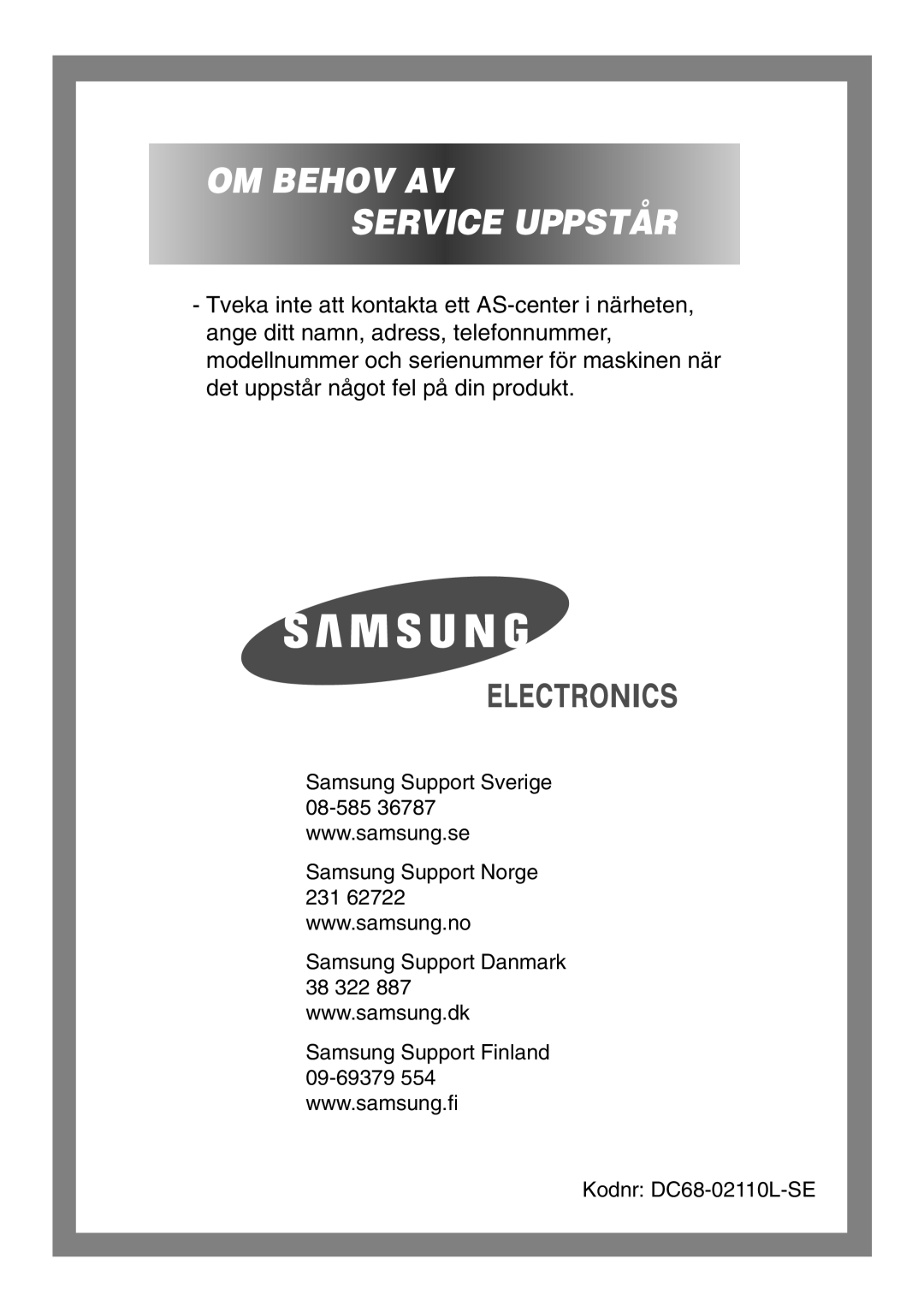 Samsung B1445GW/XEE, B1245GW/XEE manual OM Behov AV Service Uppstår 