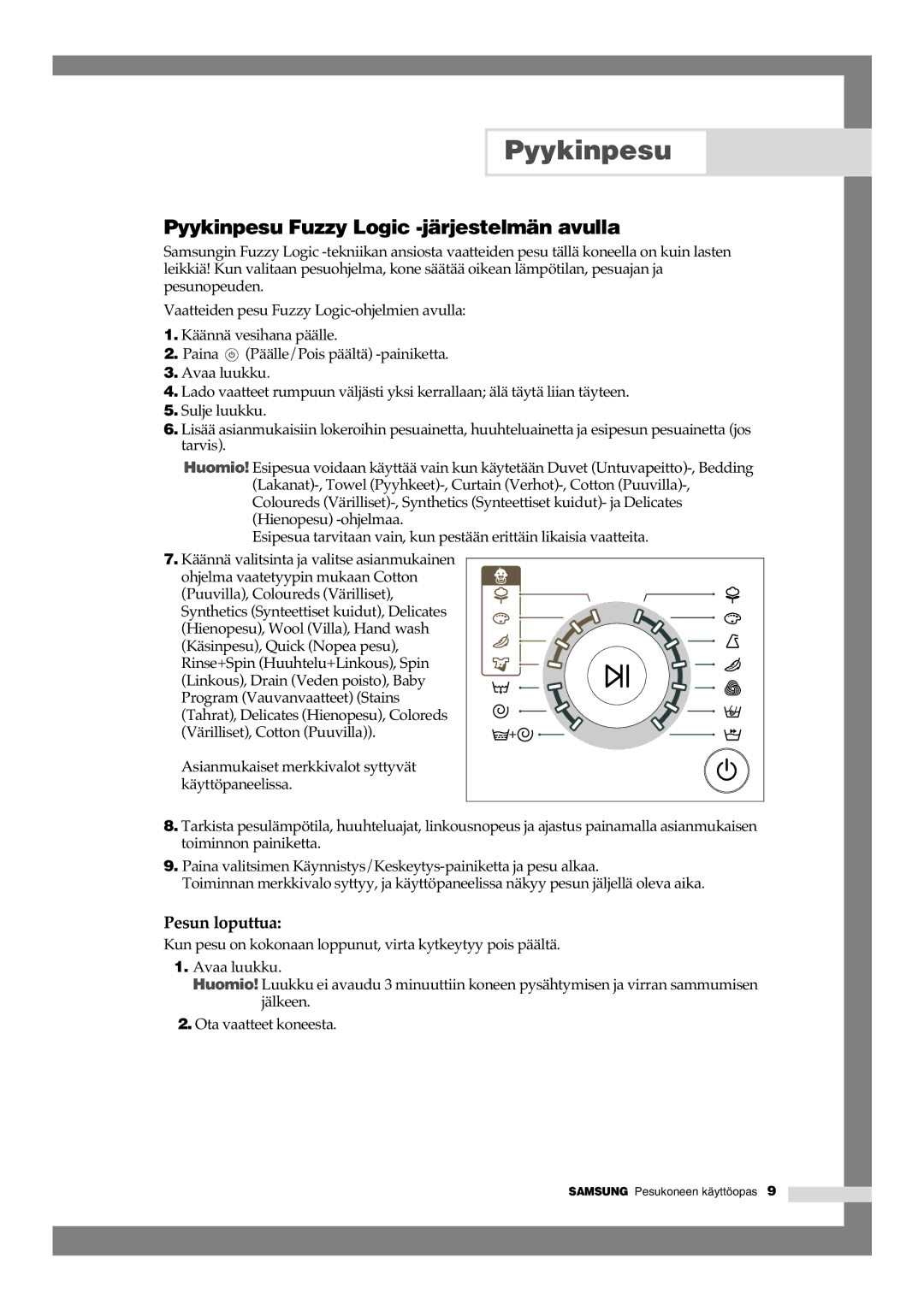 Samsung B1245GW/XEE, B1445GW/XEE manual Pyykinpesu Fuzzy Logic -järjestelmän avulla, Pesun loputtua 