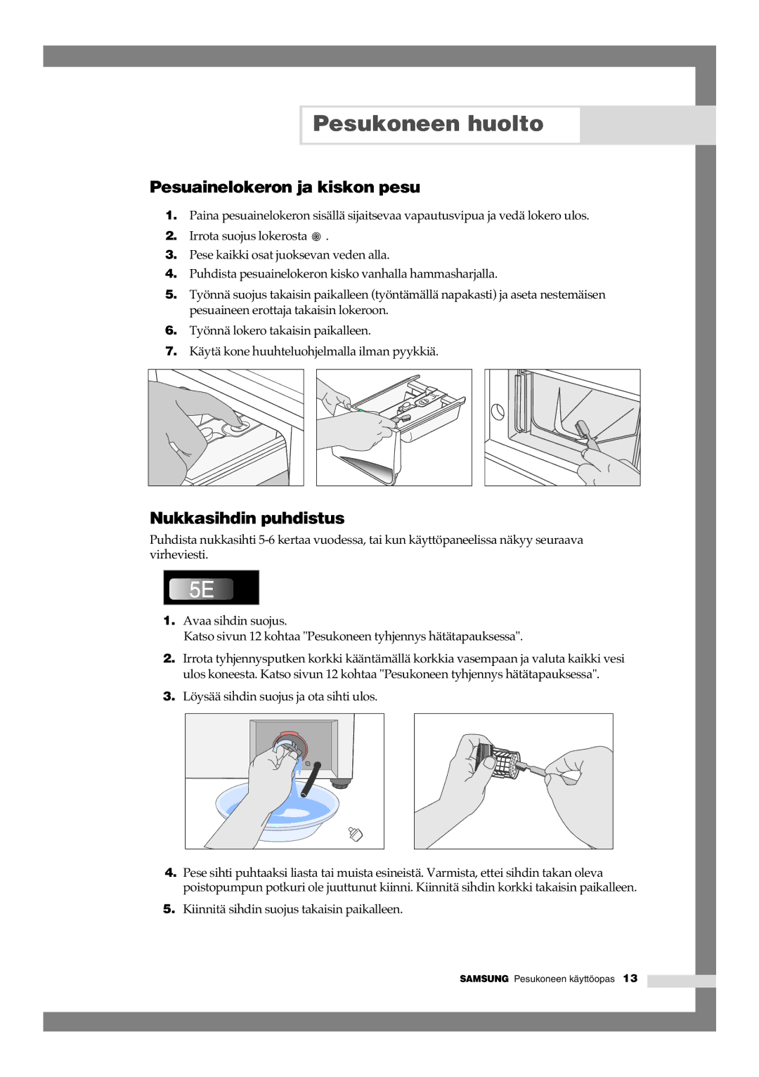 Samsung B1245GW/XEE, B1445GW/XEE manual Pesuainelokeron ja kiskon pesu, Nukkasihdin puhdistus 