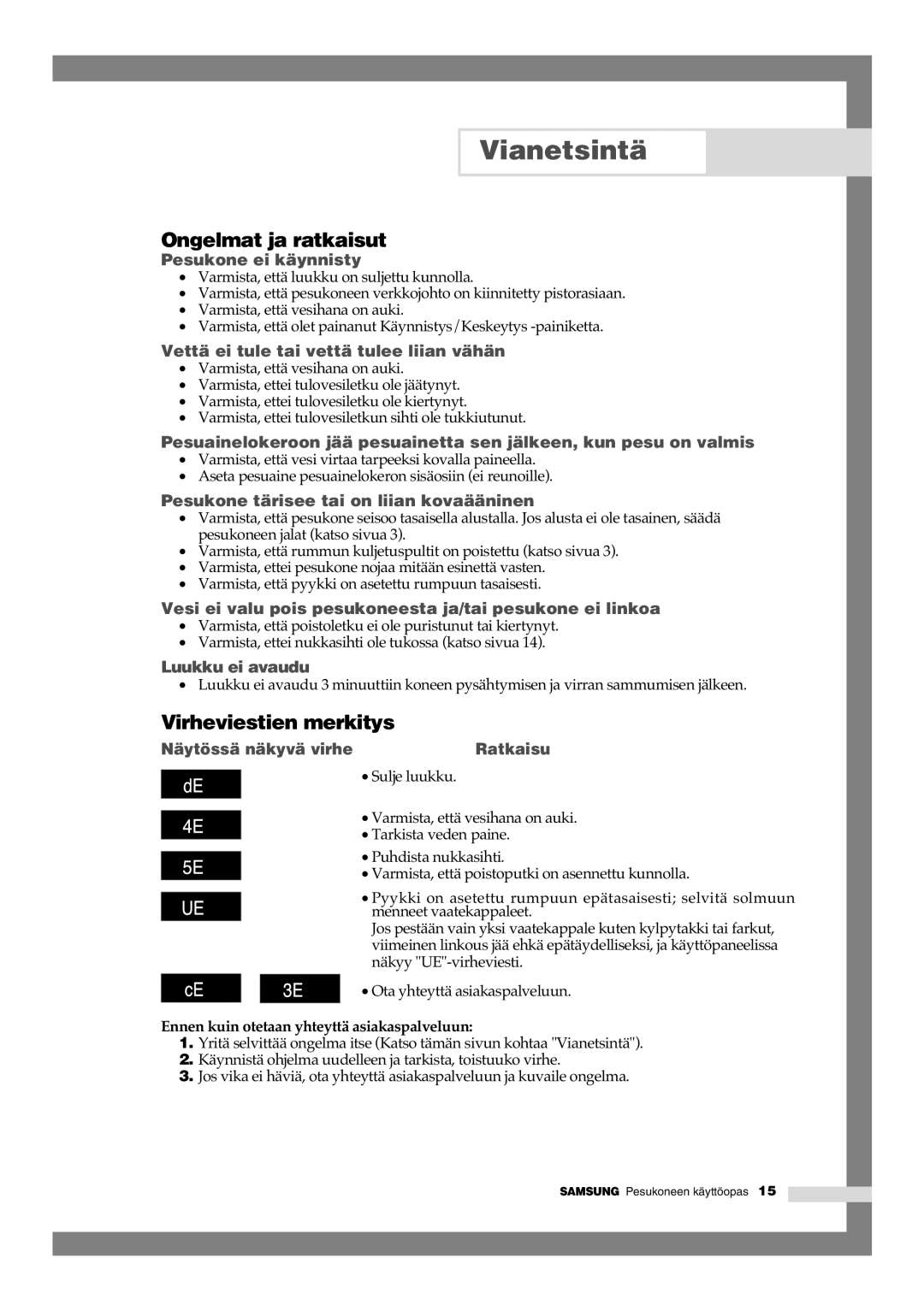 Samsung B1245GW/XEE, B1445GW/XEE manual Vianetsintä, Ongelmat ja ratkaisut, Virheviestien merkitys 