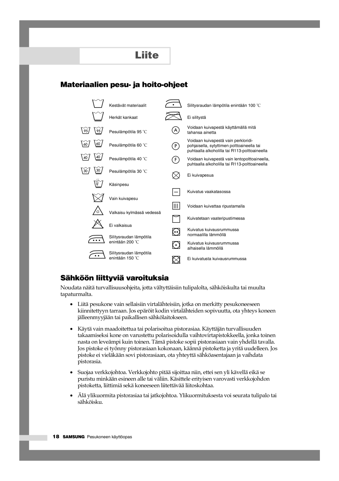 Samsung B1445GW/XEE, B1245GW/XEE manual Liite, Materiaalien pesu- ja hoito-ohjeet, Sähköön liittyviä varoituksia 