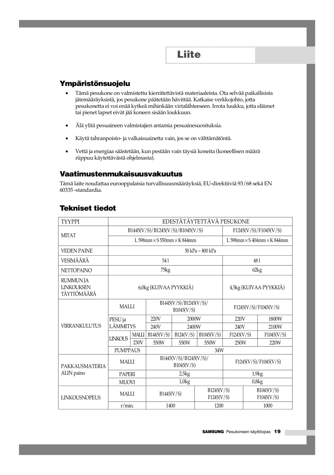 Samsung B1245GW/XEE, B1445GW/XEE manual Ympäristönsuojelu, Vaatimustenmukaisuusvakuutus, Tekniset tiedot 