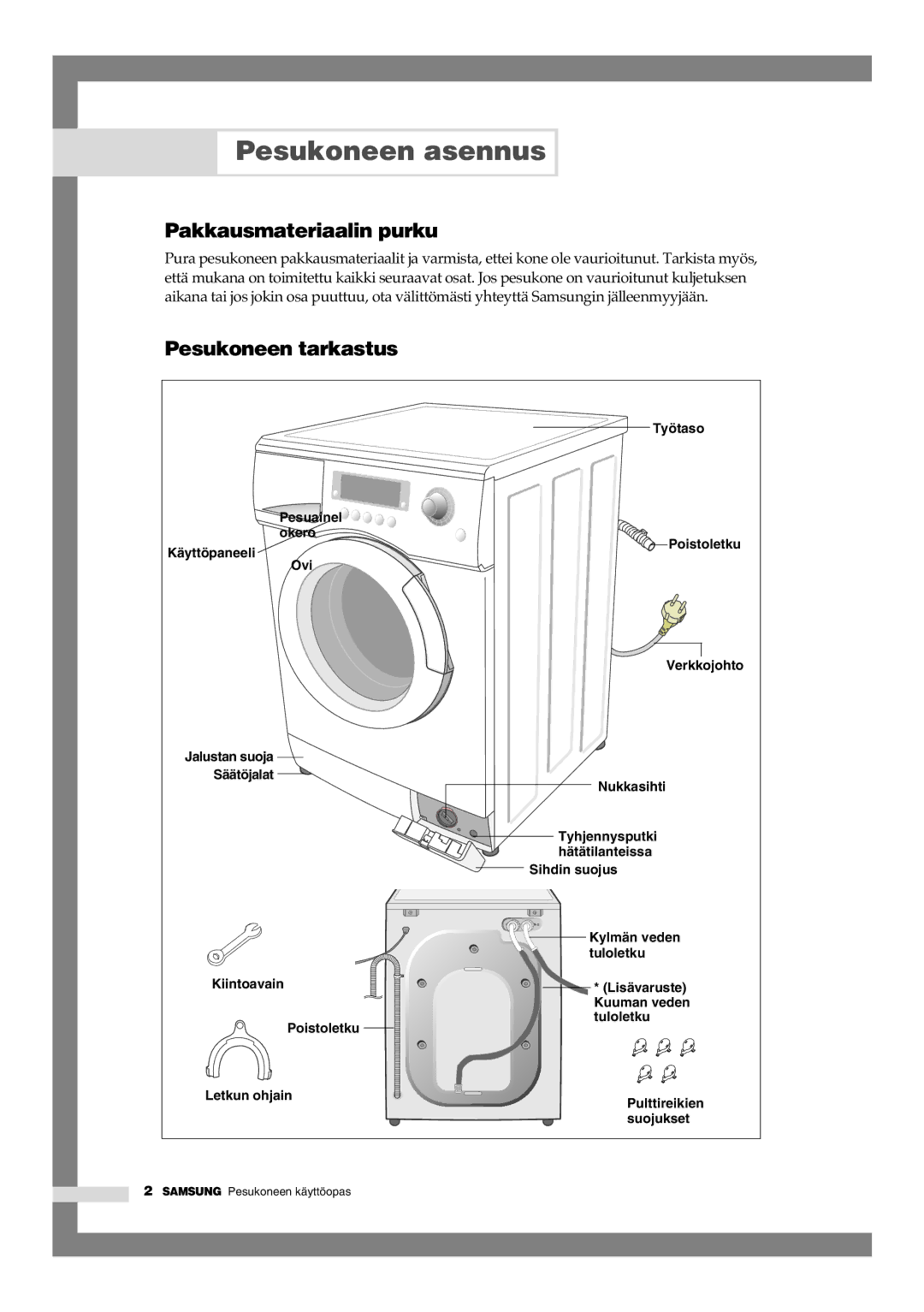 Samsung B1445GW/XEE, B1245GW/XEE manual Pesukoneen asennus, Pakkausmateriaalin purku, Pesukoneen tarkastus 