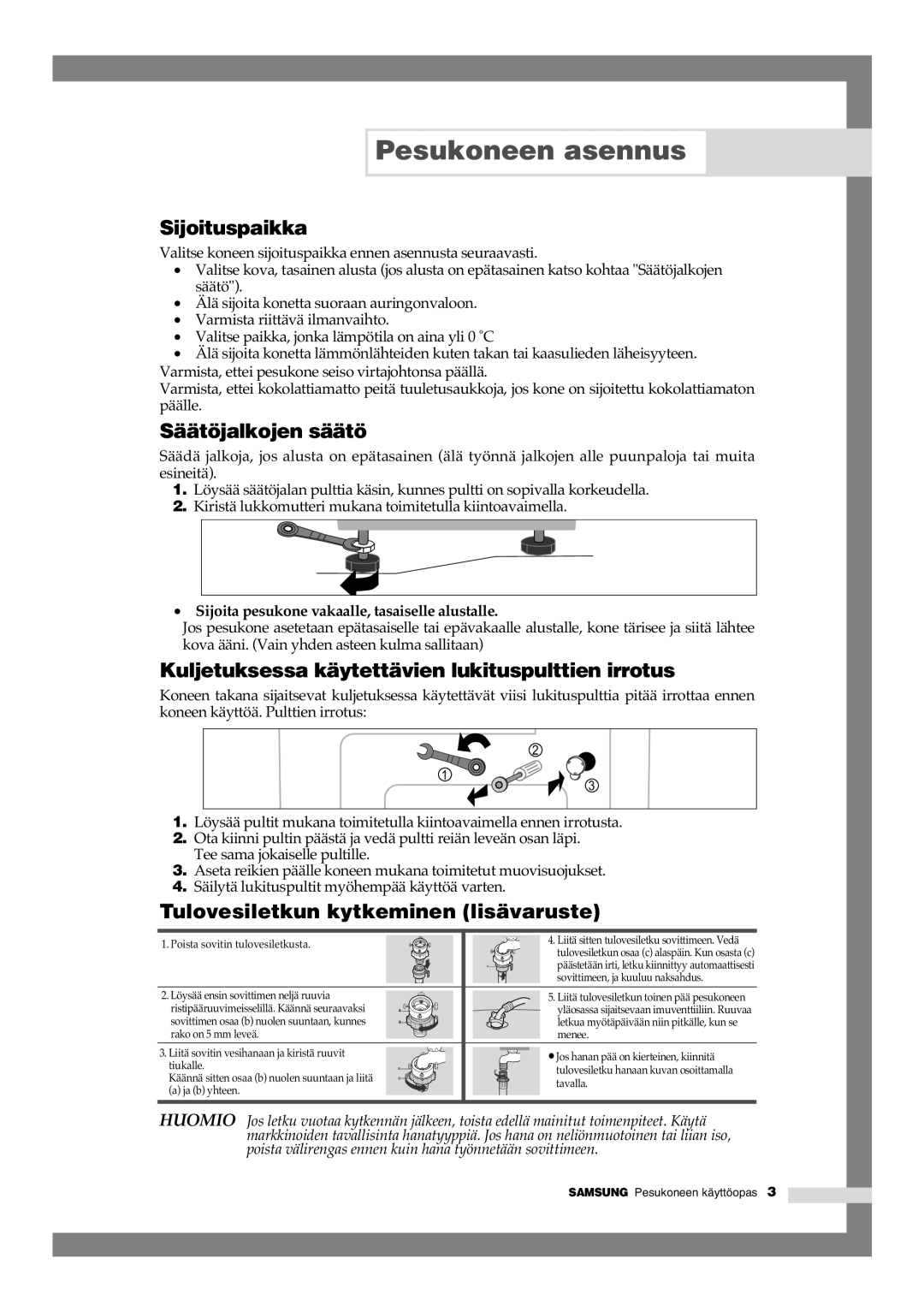 Samsung B1245GW/XEE, B1445GW/XEE Sijoituspaikka, Säätöjalkojen säätö, Kuljetuksessa käytettävien lukituspulttien irrotus 