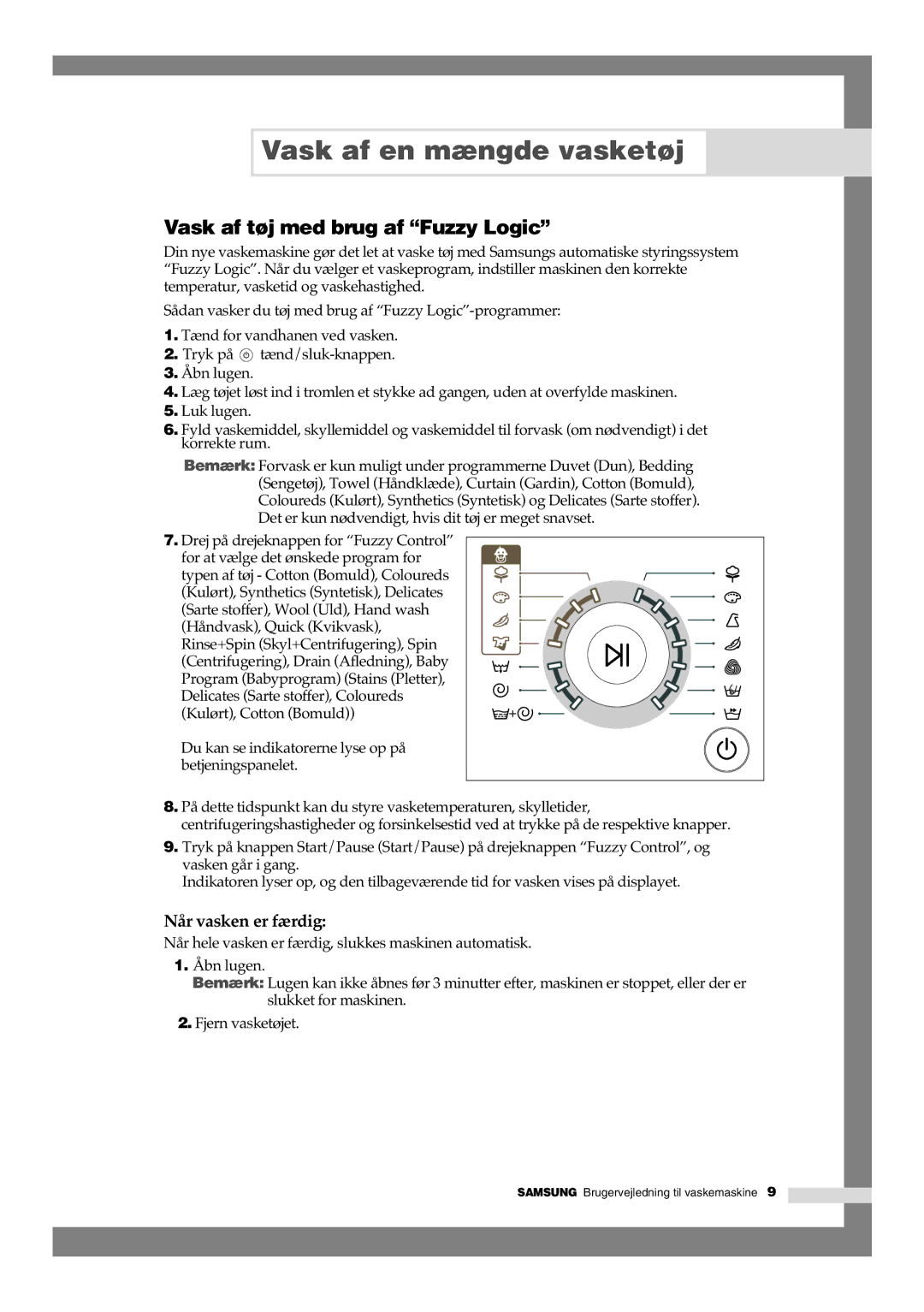 Samsung B1245GW/XEE, B1445GW/XEE manual Vask af tøj med brug af Fuzzy Logic, Drej på drejeknappen for Fuzzy Control 