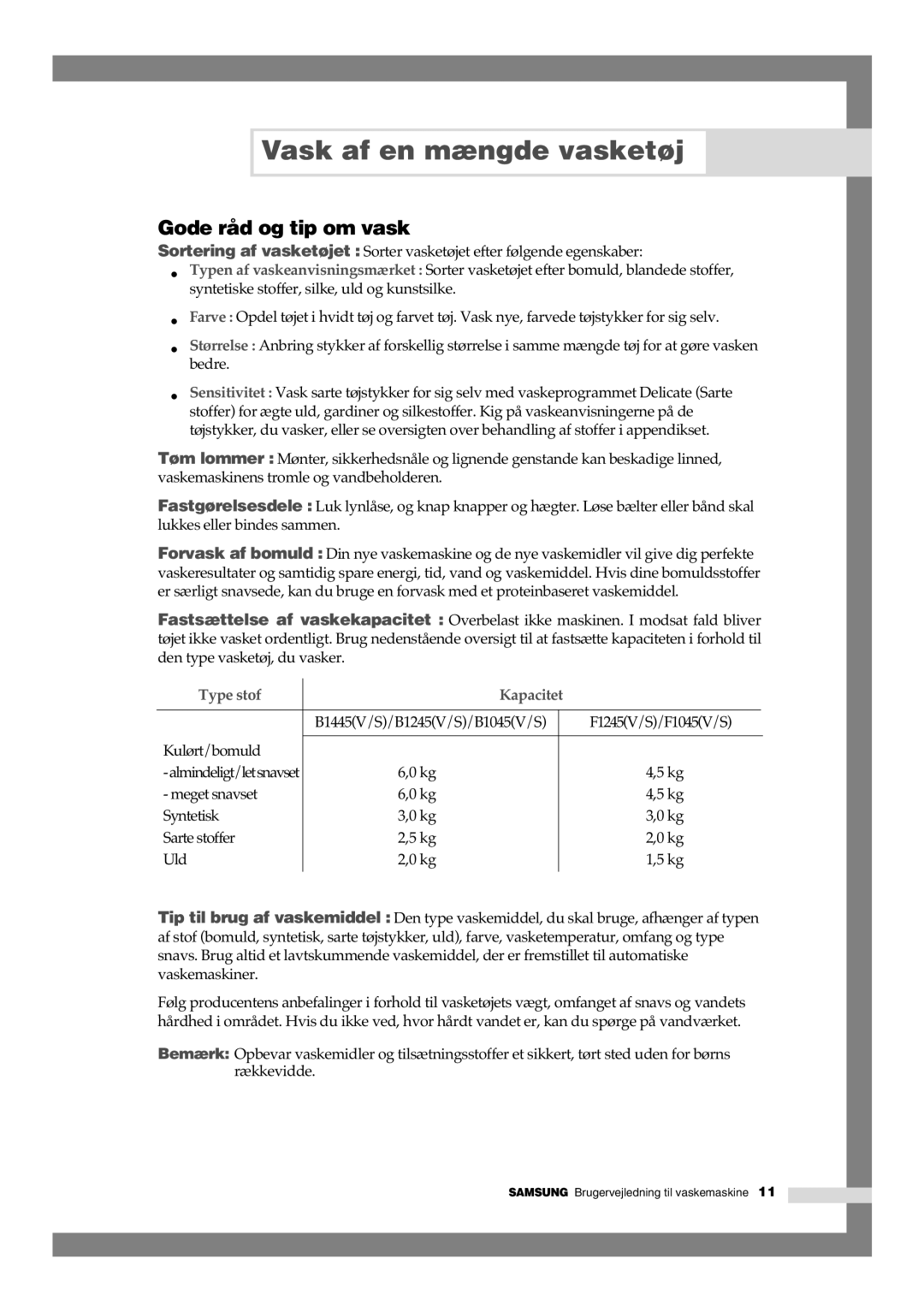 Samsung B1245GW/XEE, B1445GW/XEE manual Gode råd og tip om vask, Type stof Kapacitet 