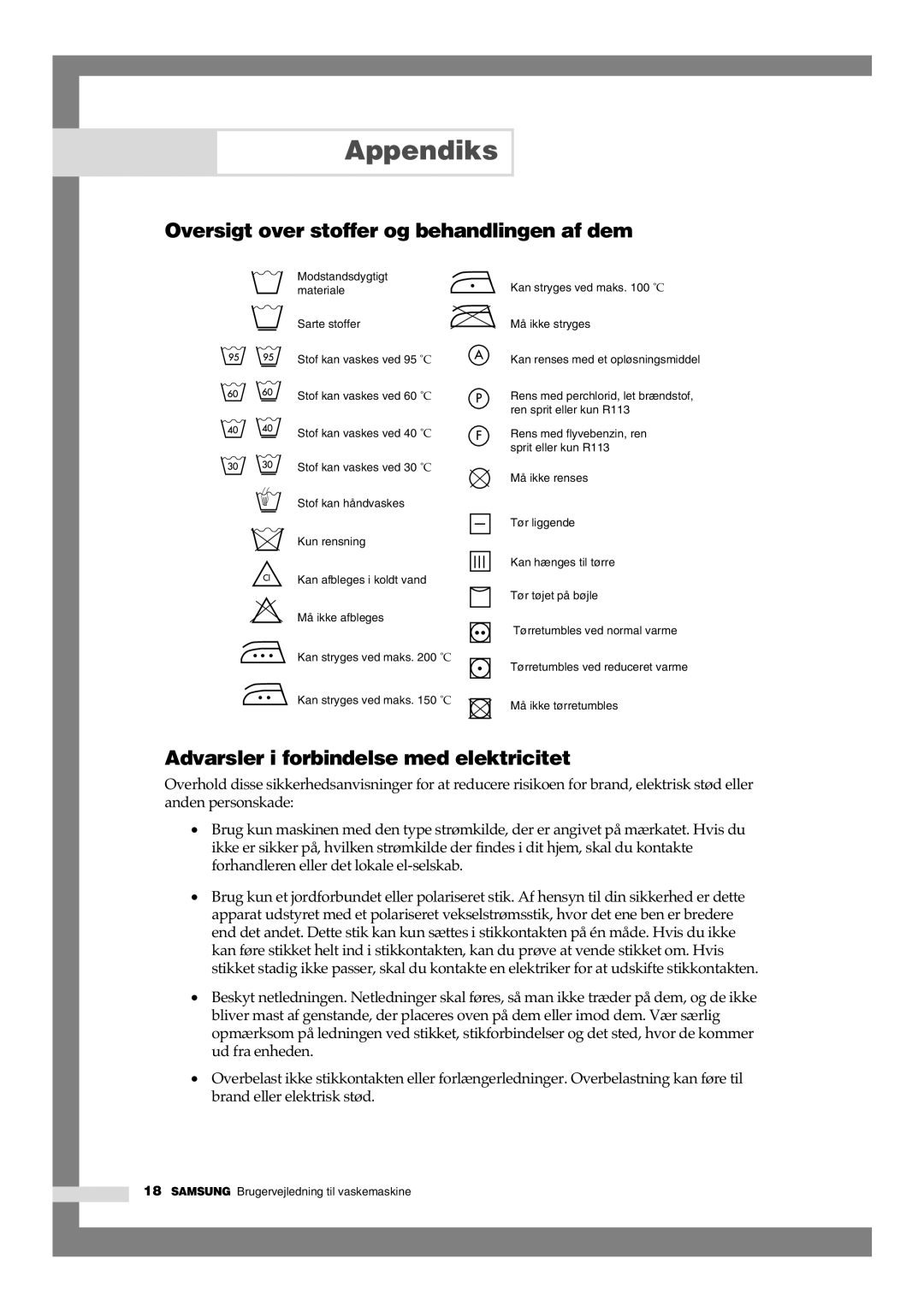 Samsung B1445GW/XEE Appendiks, Oversigt over stoffer og behandlingen af dem, Advarsler i forbindelse med elektricitet 