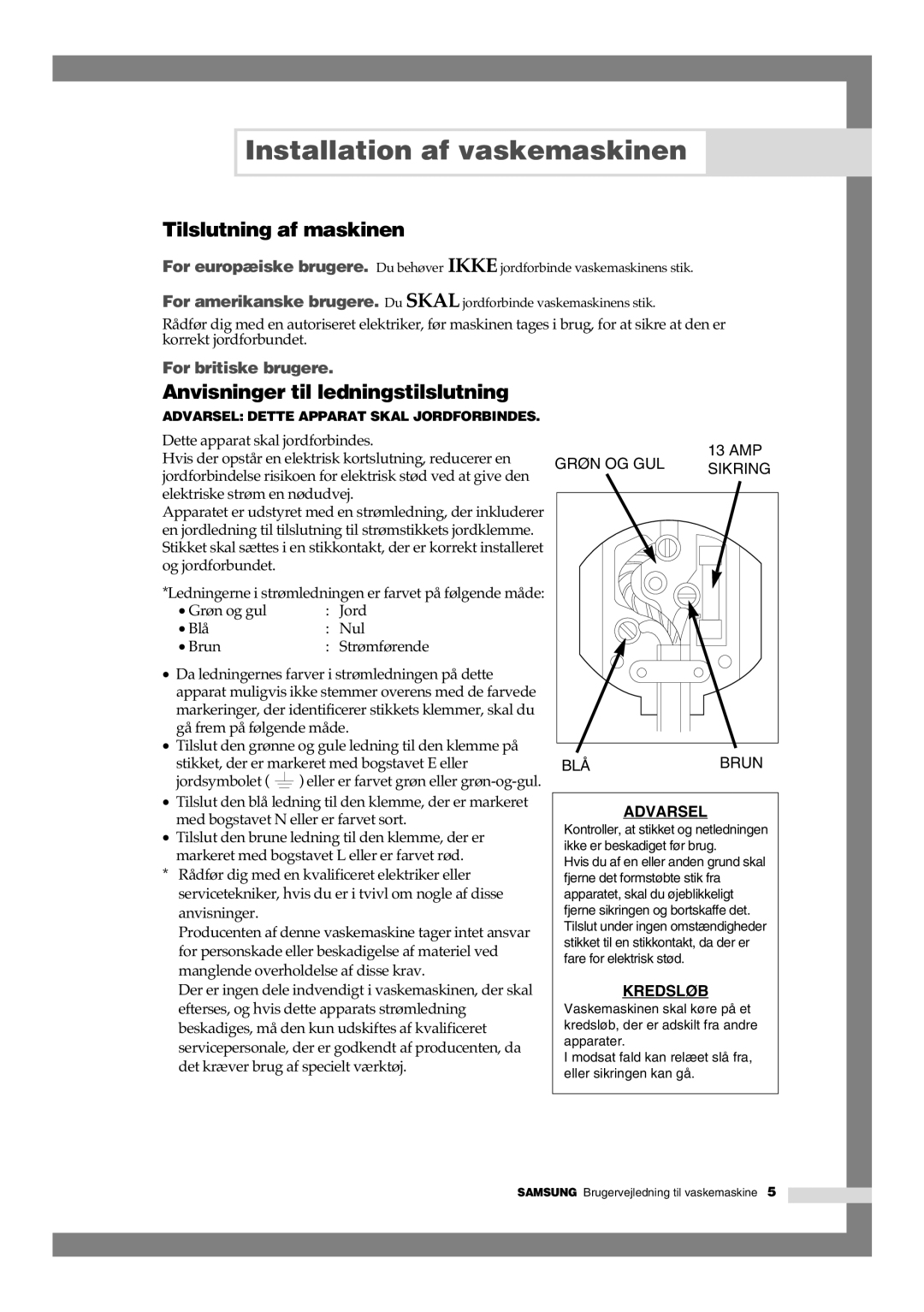 Samsung B1245GW/XEE, B1445GW/XEE manual Tilslutning af maskinen, Anvisninger til ledningstilslutning 