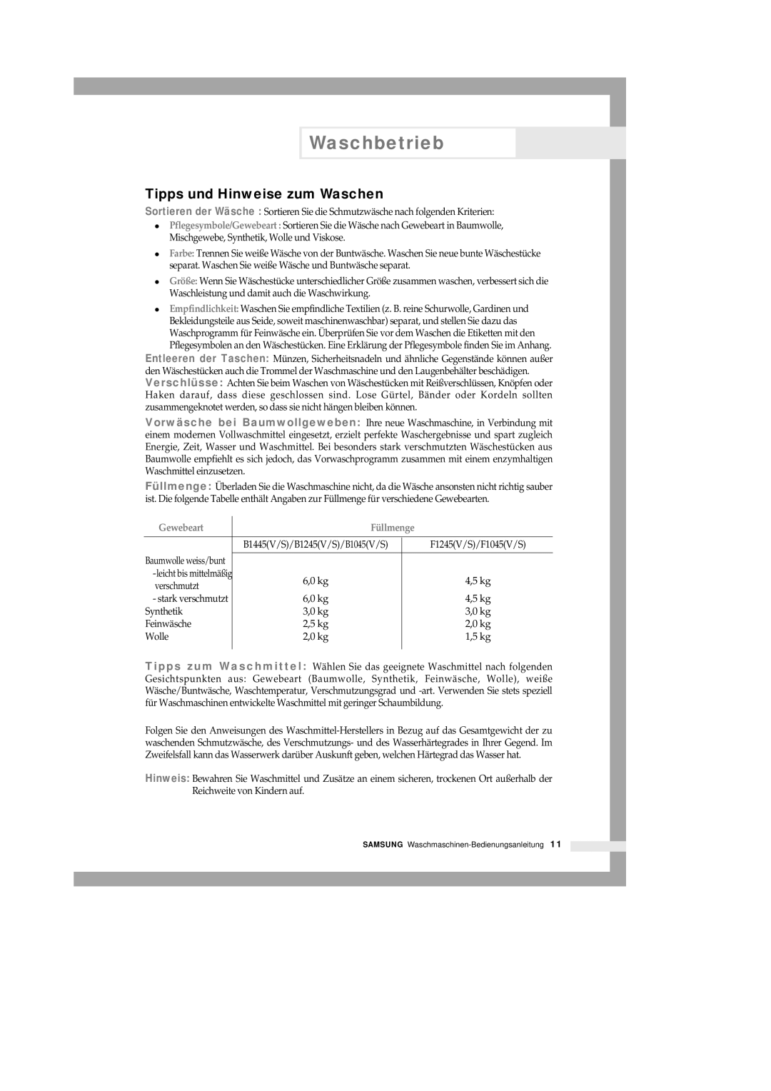 Samsung B1245VGW/XEG, B1445GW/XEG, B1445SGS/XEG, B1445VGW/XEG manual Tipps und Hinweise zum Waschen, Verschmutzt 