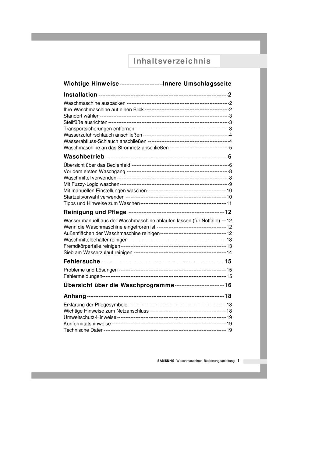 Samsung B1445VGW/XEG, B1445GW/XEG manual Inhaltsverzeichnis, Innere Umschlagsseite, Übersicht über die Waschprogramme 