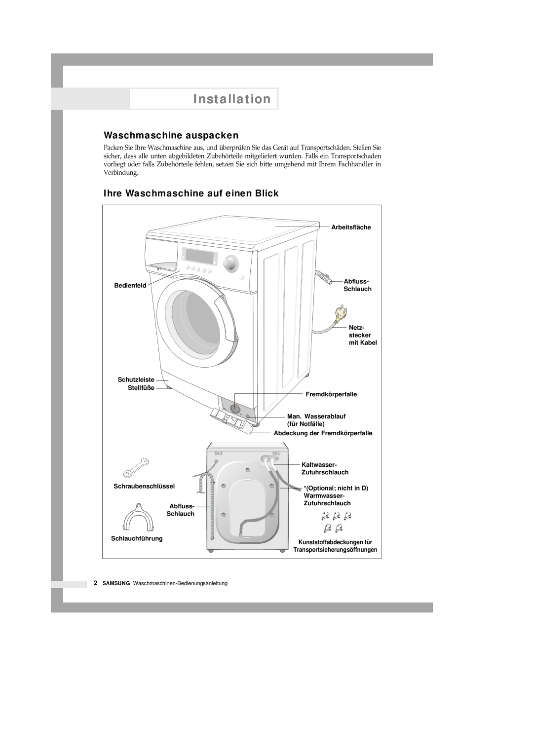 Samsung B1445GW/XEG, B1245VGW/XEG, B1445SGS/XEG Installation, Waschmaschine auspacken, Ihre Waschmaschine auf einen Blick 