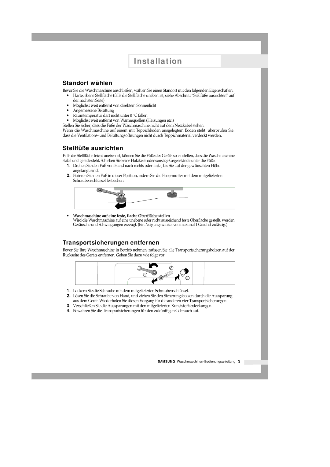 Samsung B1245VGW/XEG, B1445GW/XEG, B1445SGS/XEG manual Standort wählen, Stellfüße ausrichten, Transportsicherungen entfernen 