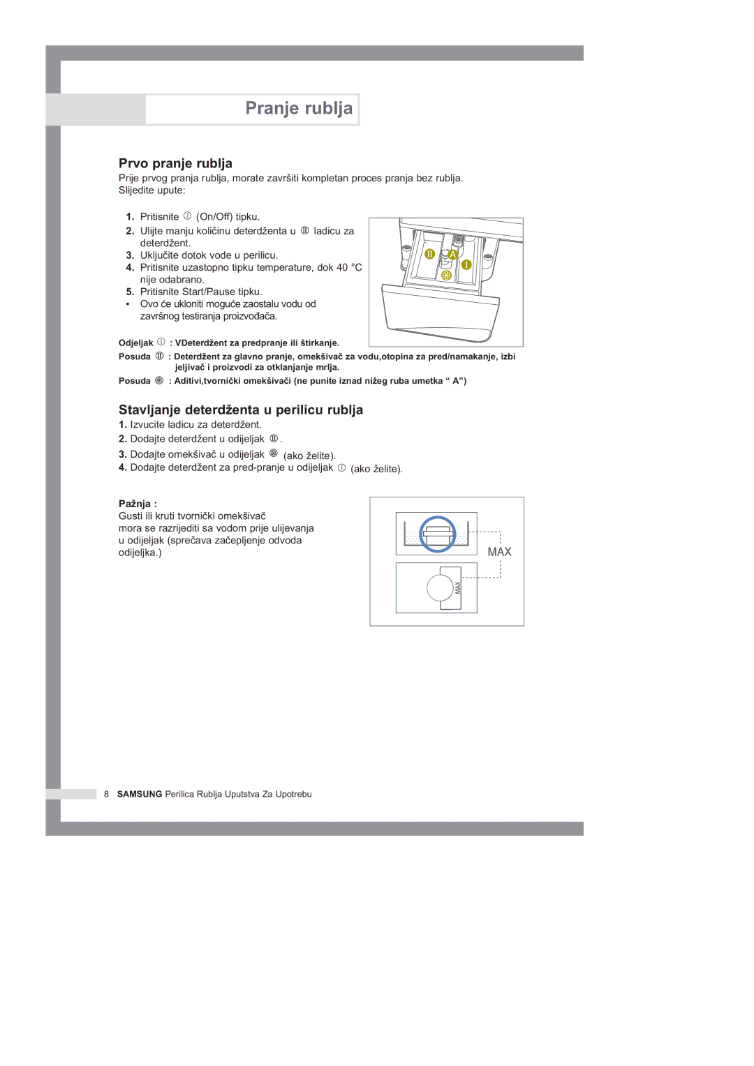 Samsung B1245GW/YLG, B1445GW/YLG, B1045GW/YLG manual Prvo pranje rublja, Stavljanje deterd¥enta u perilicu rublja, Pa¥nja 