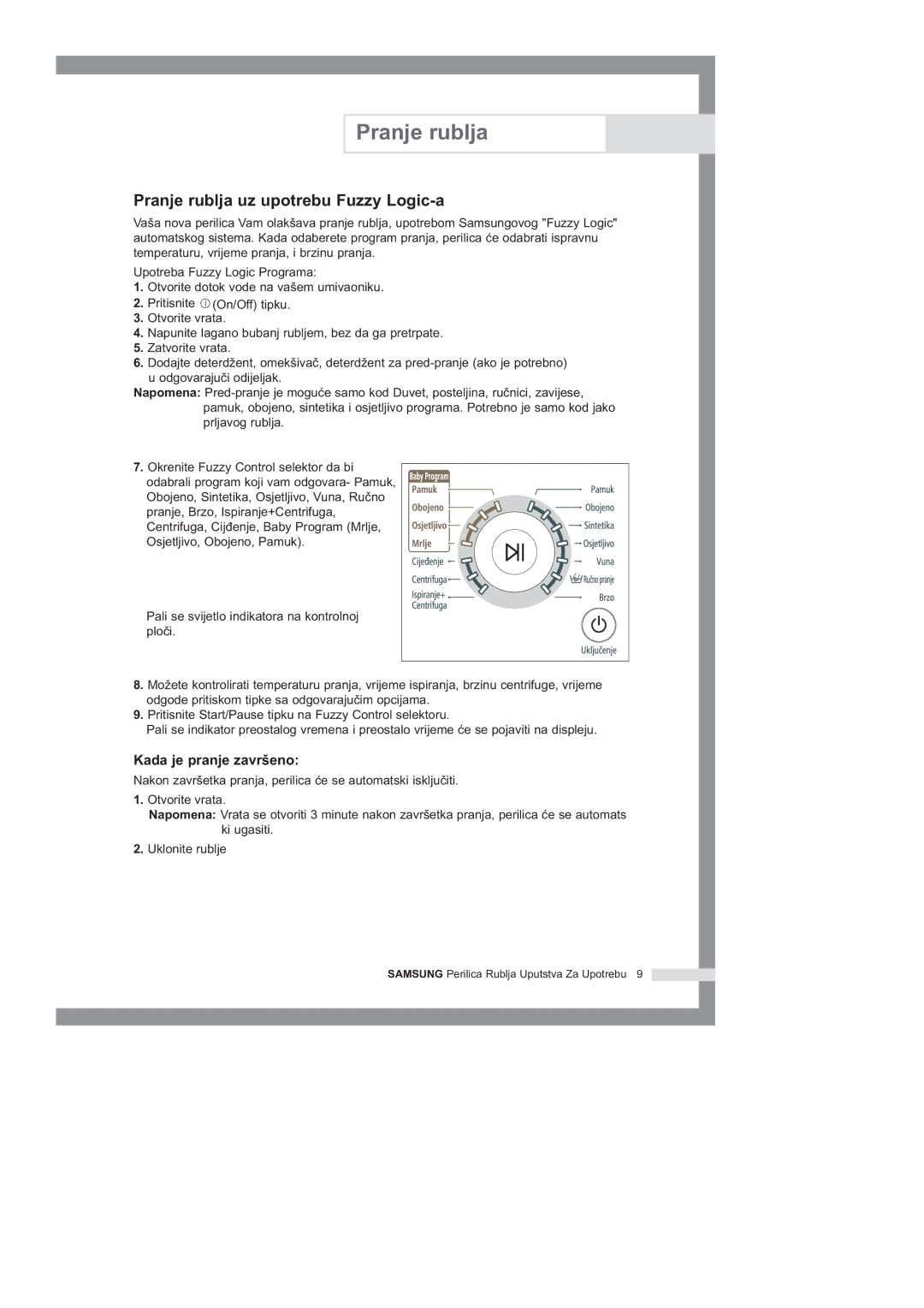 Samsung B1045GW/YLG, B1445GW/YLG, B1245GW/YLG manual Pranje rublja uz upotrebu Fuzzy Logic-a, Kada je pranje zavreno 